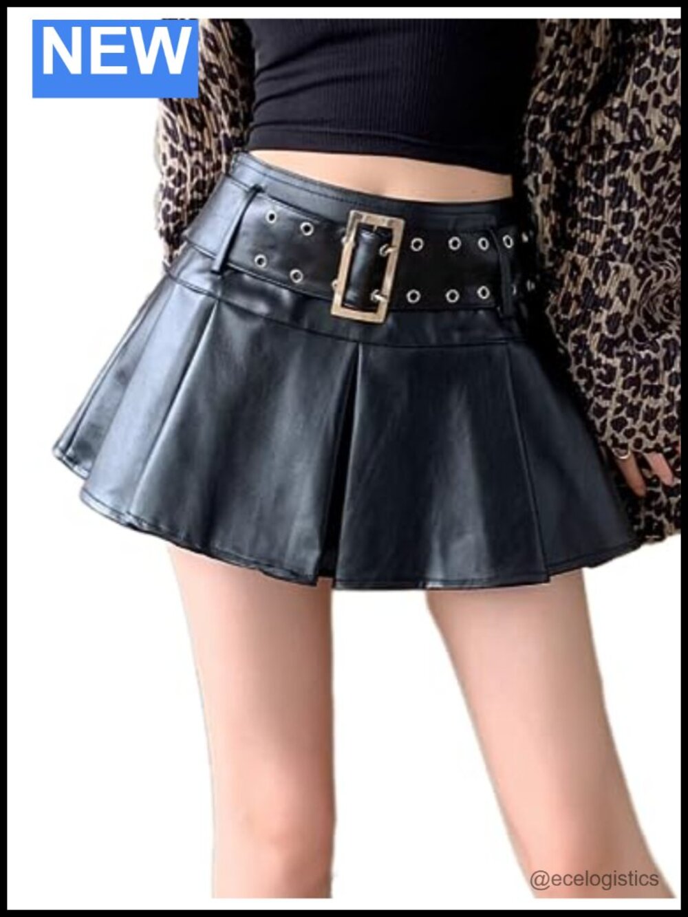 Y2K Mini Skirt High Waisted Pleated Flare PU Faux Leather Buckle Belted Goth